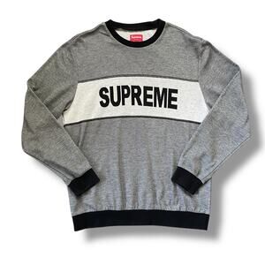 Supreme Tonal Stripe Logo Crewneck Pullover Men’s L Grey Black White Long Sleeve